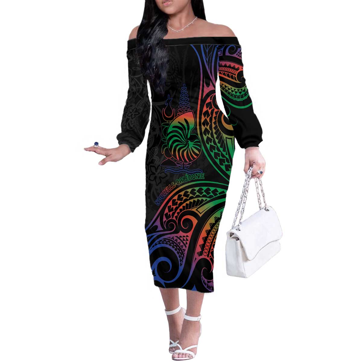 New Caledonia Polynesian Tatoo Personalised Family Matching Off The Shoulder Long Sleeve Dress and Hawaiian Shirt LT9 Mom's Dress Black - Polynesian Pride