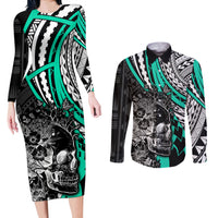 Personalised Polynesia Skull Couples Matching Long Sleeve Bodycon Dress and Long Sleeve Button Shirts Tattoo In The Style Of Maori With Marine Life Aqua LT9 Aqua - Polynesian Pride