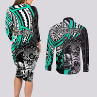 Personalised Polynesia Skull Couples Matching Long Sleeve Bodycon Dress and Long Sleeve Button Shirts Tattoo In The Style Of Maori With Marine Life Aqua LT9 - Polynesian Pride