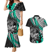 Personalised Polynesia Skull Couples Matching Mermaid Dress and Hawaiian Shirt Tattoo In The Style Of Maori With Marine Life Aqua LT9 Aqua - Polynesian Pride