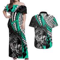 Personalised Polynesia Skull Couples Matching Off Shoulder Maxi Dress and Hawaiian Shirt Tattoo In The Style Of Maori With Marine Life Aqua LT9 Aqua - Polynesian Pride