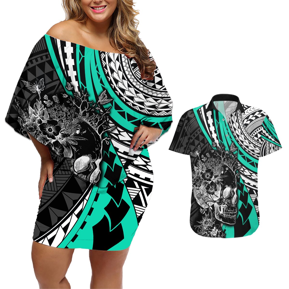 Personalised Polynesia Skull Couples Matching Off Shoulder Short Dress and Hawaiian Shirt Tattoo In The Style Of Maori With Marine Life Aqua LT9 Aqua - Polynesian Pride