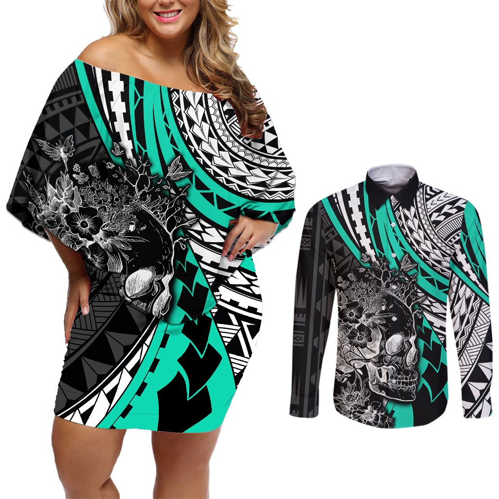 Personalised Polynesia Skull Couples Matching Off Shoulder Short Dress and Long Sleeve Button Shirts Tattoo In The Style Of Maori With Marine Life Aqua LT9 Aqua - Polynesian Pride