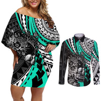 Personalised Polynesia Skull Couples Matching Off Shoulder Short Dress and Long Sleeve Button Shirts Tattoo In The Style Of Maori With Marine Life Aqua LT9 Aqua - Polynesian Pride