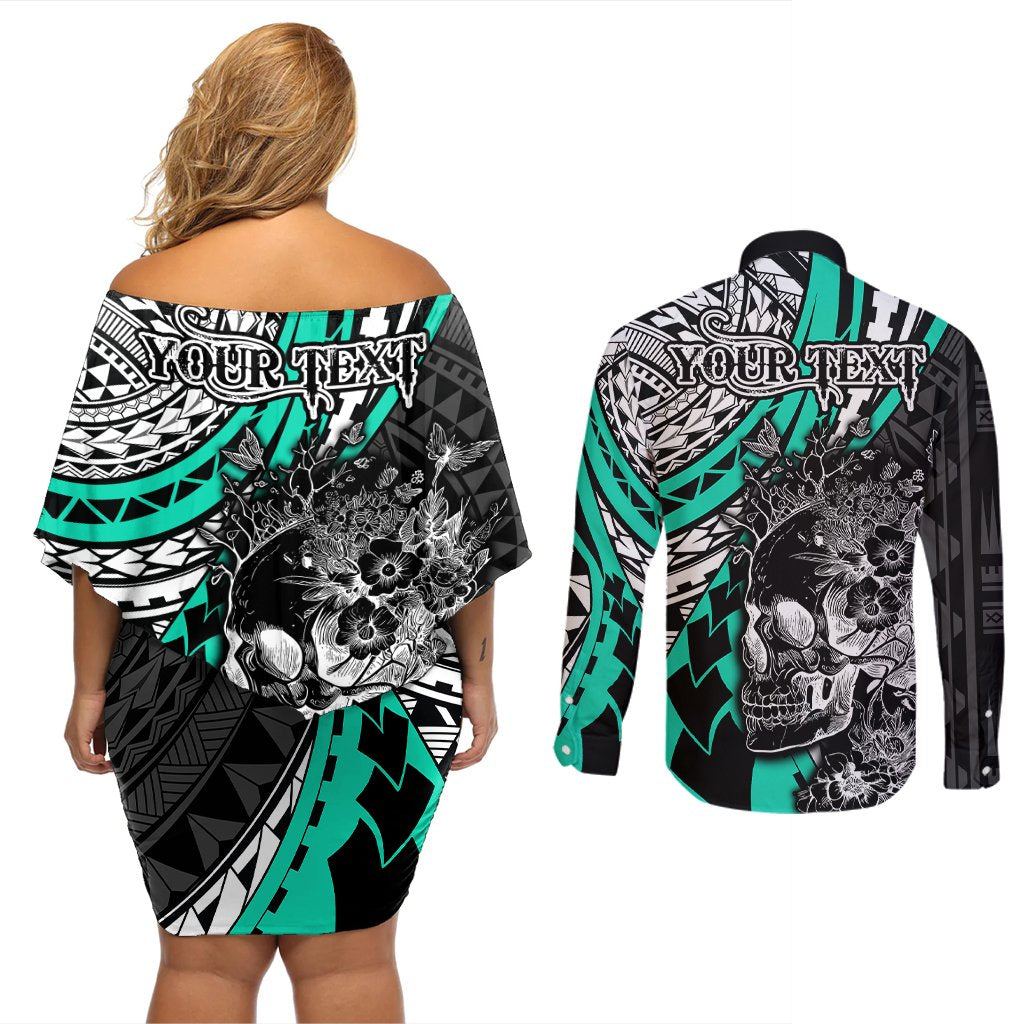 Personalised Polynesia Skull Couples Matching Off Shoulder Short Dress and Long Sleeve Button Shirts Tattoo In The Style Of Maori With Marine Life Aqua LT9 - Polynesian Pride