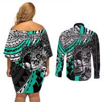 Personalised Polynesia Skull Couples Matching Off Shoulder Short Dress and Long Sleeve Button Shirts Tattoo In The Style Of Maori With Marine Life Aqua LT9 - Polynesian Pride