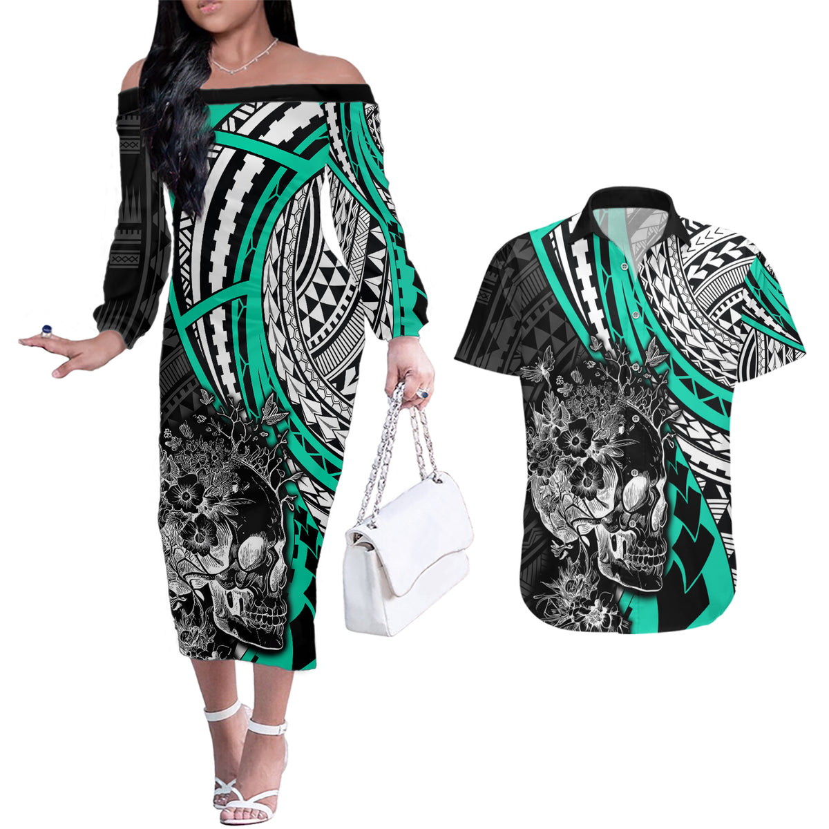 Personalised Polynesia Skull Couples Matching Off The Shoulder Long Sleeve Dress and Hawaiian Shirt Tattoo In The Style Of Maori With Marine Life Aqua LT9 Aqua - Polynesian Pride