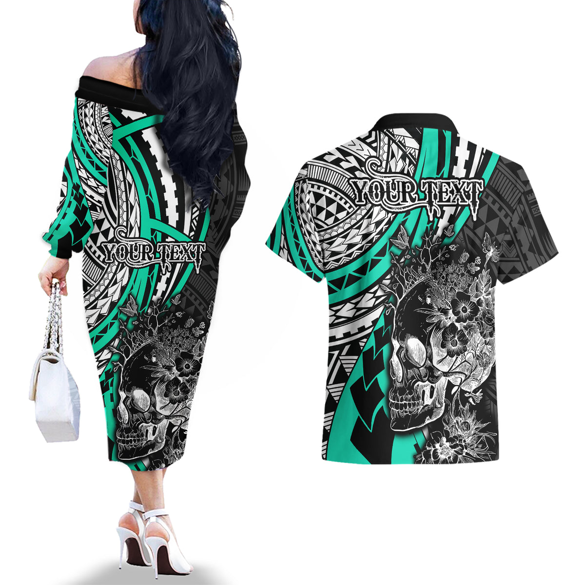 Personalised Polynesia Skull Couples Matching Off The Shoulder Long Sleeve Dress and Hawaiian Shirt Tattoo In The Style Of Maori With Marine Life Aqua LT9 - Polynesian Pride