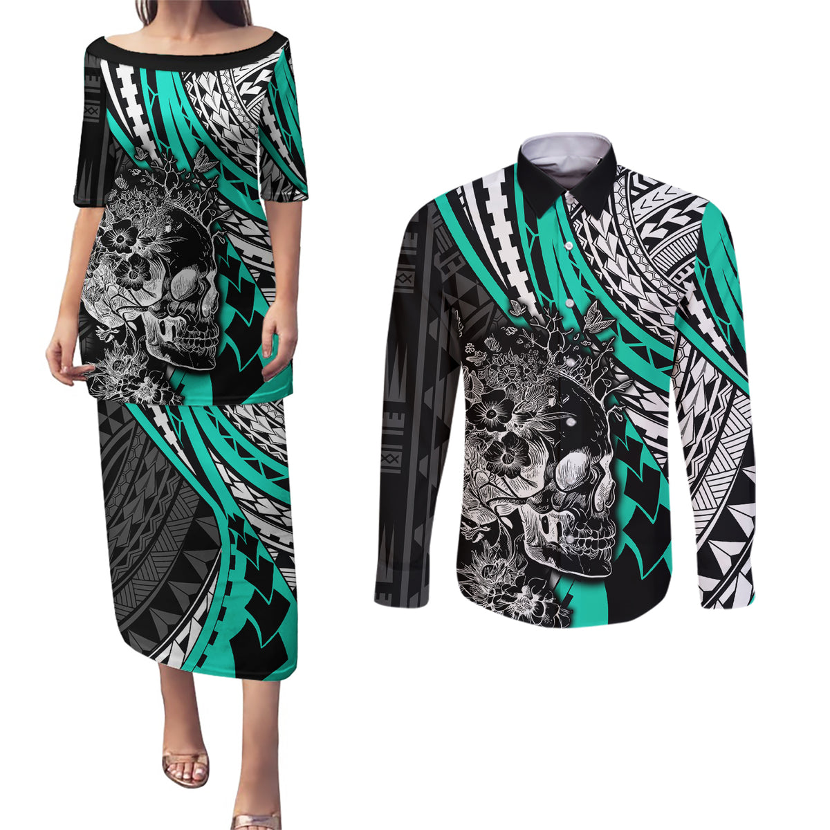 Personalised Polynesia Skull Couples Matching Puletasi Dress and Long Sleeve Button Shirts Tattoo In The Style Of Maori With Marine Life Aqua LT9 Aqua - Polynesian Pride