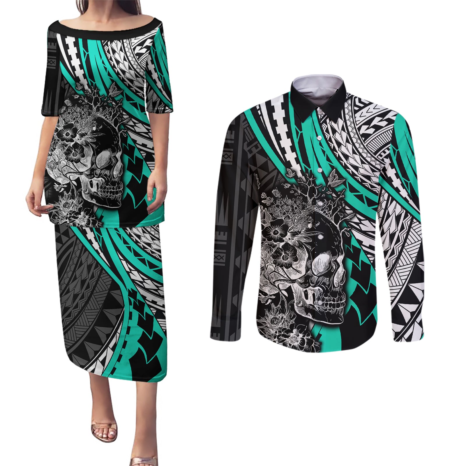 personalised-polynesia-skull-couples-matching-puletasi-dress-and-long-sleeve-button-shirts-tattoo-in-the-style-of-maori-with-marine-life-aqua