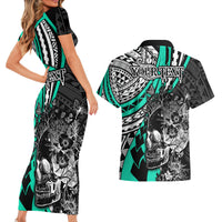 Personalised Polynesia Skull Couples Matching Short Sleeve Bodycon Dress and Hawaiian Shirt Tattoo In The Style Of Maori With Marine Life Aqua LT9 - Polynesian Pride