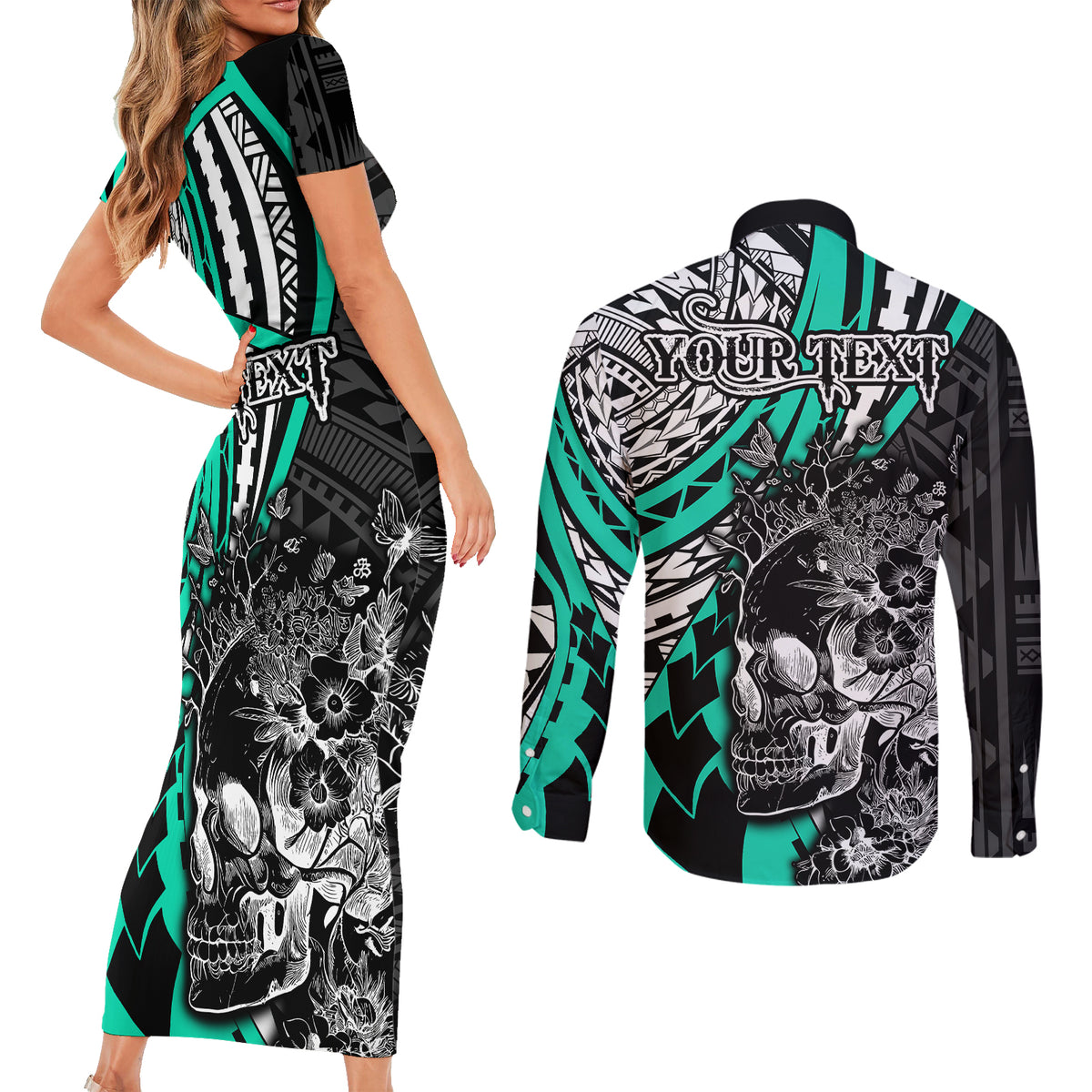 Personalised Polynesia Skull Couples Matching Short Sleeve Bodycon Dress and Long Sleeve Button Shirts Tattoo In The Style Of Maori With Marine Life Aqua LT9 - Polynesian Pride