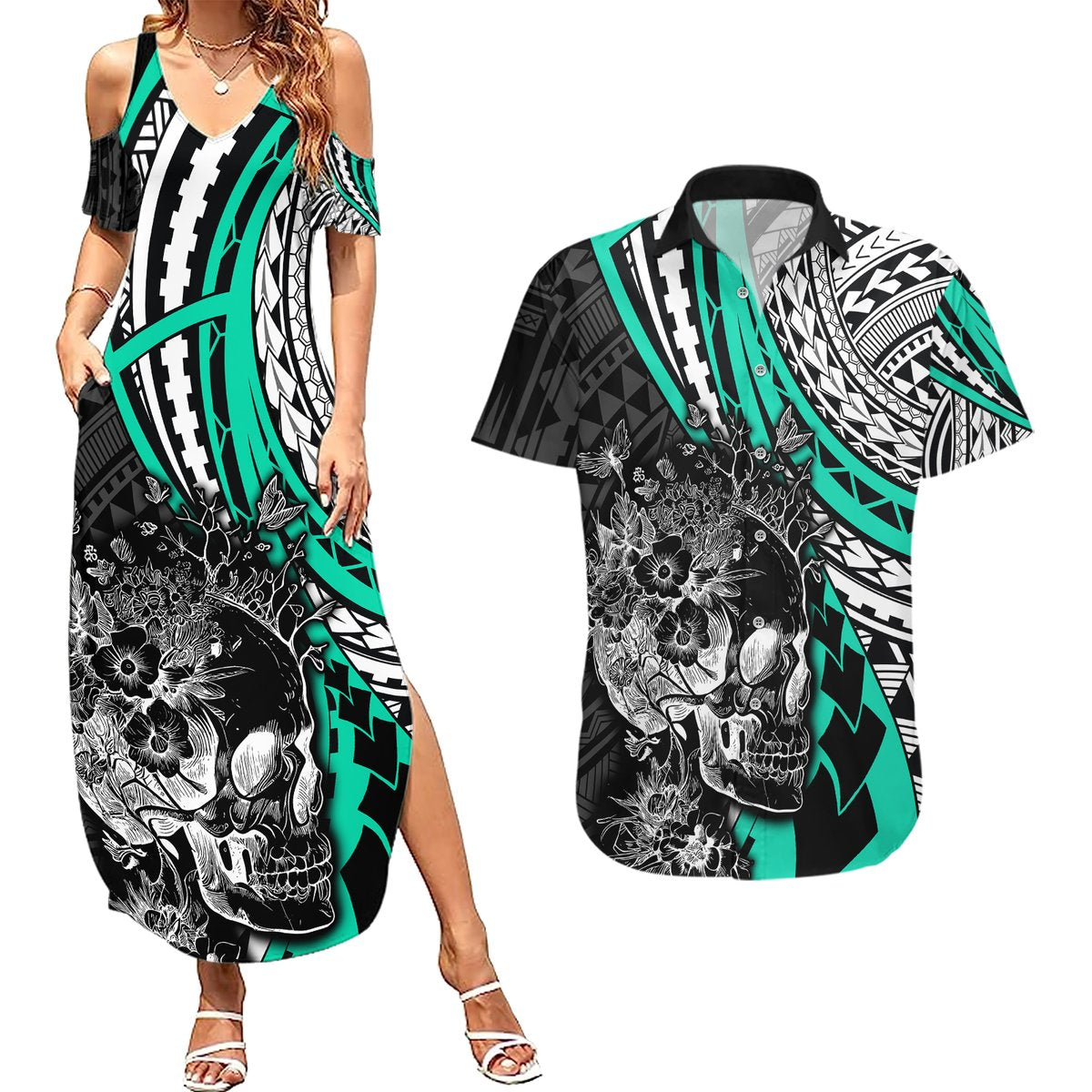 Personalised Polynesia Skull Couples Matching Summer Maxi Dress and Hawaiian Shirt Tattoo In The Style Of Maori With Marine Life Aqua LT9 Aqua - Polynesian Pride