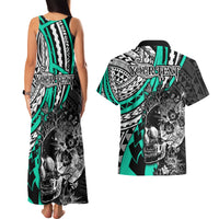 Personalised Polynesia Skull Couples Matching Tank Maxi Dress and Hawaiian Shirt Tattoo In The Style Of Maori With Marine Life Aqua LT9 - Polynesian Pride