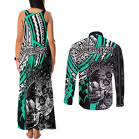 Personalised Polynesia Skull Couples Matching Tank Maxi Dress and Long Sleeve Button Shirts Tattoo In The Style Of Maori With Marine Life Aqua LT9 - Polynesian Pride