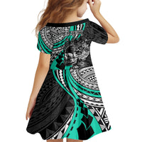 Personalised Polynesia Skull Family Matching Long Sleeve Bodycon Dress and Hawaiian Shirt Tattoo In The Style Of Maori With Marine Life Aqua LT9 - Polynesian Pride