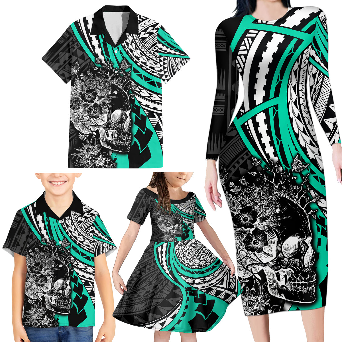 Personalised Polynesia Skull Family Matching Long Sleeve Bodycon Dress and Hawaiian Shirt Tattoo In The Style Of Maori With Marine Life Aqua LT9 - Polynesian Pride