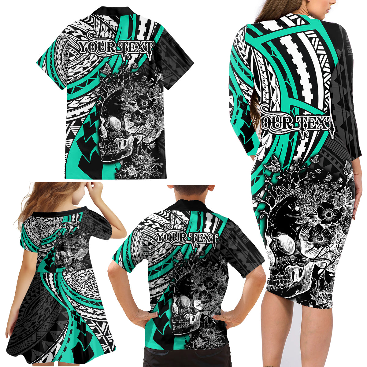 Personalised Polynesia Skull Family Matching Long Sleeve Bodycon Dress and Hawaiian Shirt Tattoo In The Style Of Maori With Marine Life Aqua LT9 - Polynesian Pride