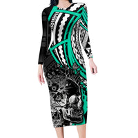 Personalised Polynesia Skull Family Matching Long Sleeve Bodycon Dress and Hawaiian Shirt Tattoo In The Style Of Maori With Marine Life Aqua LT9 Mom's Dress Aqua - Polynesian Pride