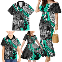 Personalised Polynesia Skull Family Matching Mermaid Dress and Hawaiian Shirt Tattoo In The Style Of Maori With Marine Life Aqua LT9 - Polynesian Pride