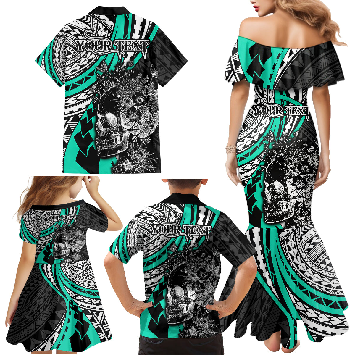 Personalised Polynesia Skull Family Matching Mermaid Dress and Hawaiian Shirt Tattoo In The Style Of Maori With Marine Life Aqua LT9 - Polynesian Pride
