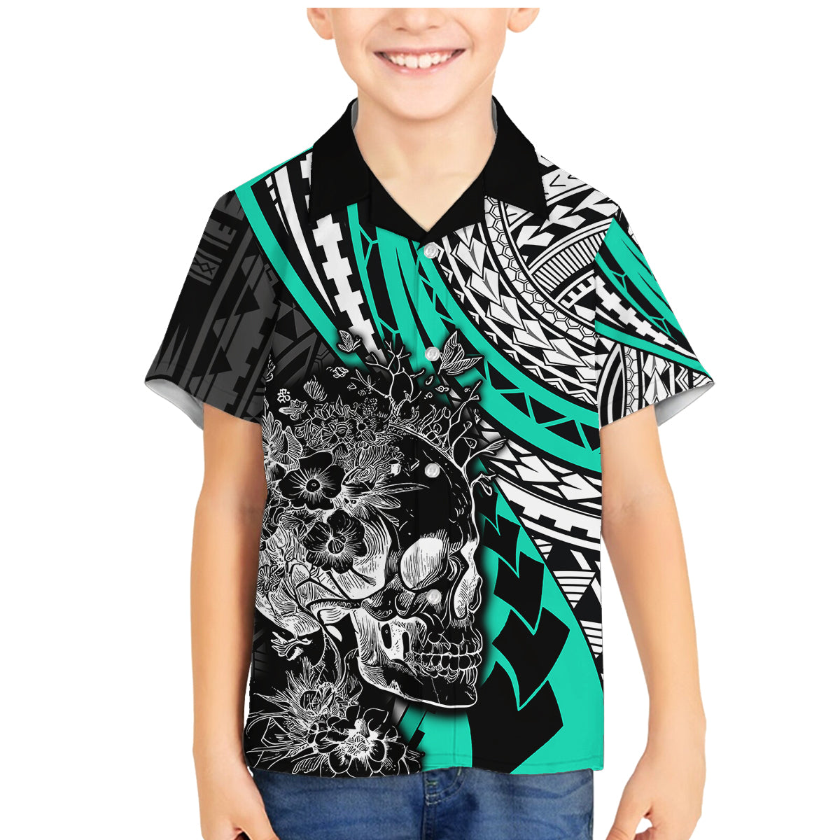 Personalised Polynesia Skull Family Matching Mermaid Dress and Hawaiian Shirt Tattoo In The Style Of Maori With Marine Life Aqua LT9 Son's Shirt Aqua - Polynesian Pride