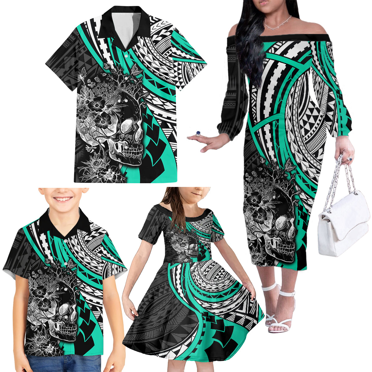 Personalised Polynesia Skull Family Matching Off Shoulder Long Sleeve Dress and Hawaiian Shirt Tattoo In The Style Of Maori With Marine Life Aqua LT9 - Polynesian Pride