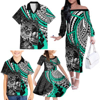 Personalised Polynesia Skull Family Matching Off Shoulder Long Sleeve Dress and Hawaiian Shirt Tattoo In The Style Of Maori With Marine Life Aqua LT9 - Polynesian Pride