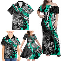 Personalised Polynesia Skull Family Matching Off Shoulder Maxi Dress and Hawaiian Shirt Tattoo In The Style Of Maori With Marine Life Aqua LT9 - Polynesian Pride