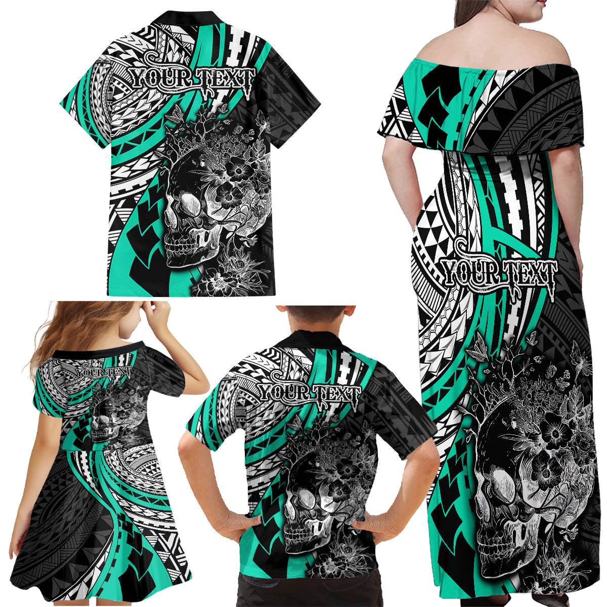 Personalised Polynesia Skull Family Matching Off Shoulder Maxi Dress and Hawaiian Shirt Tattoo In The Style Of Maori With Marine Life Aqua LT9 - Polynesian Pride
