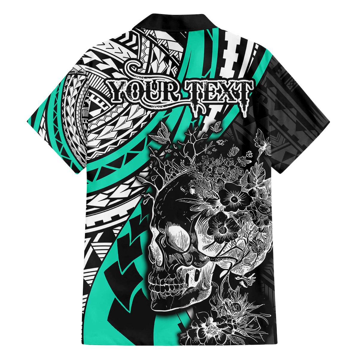 Personalised Polynesia Skull Family Matching Off Shoulder Maxi Dress and Hawaiian Shirt Tattoo In The Style Of Maori With Marine Life Aqua LT9 - Polynesian Pride