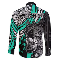 Personalised Polynesia Skull Family Matching Off Shoulder Maxi Dress and Hawaiian Shirt Tattoo In The Style Of Maori With Marine Life Aqua LT9 - Polynesian Pride