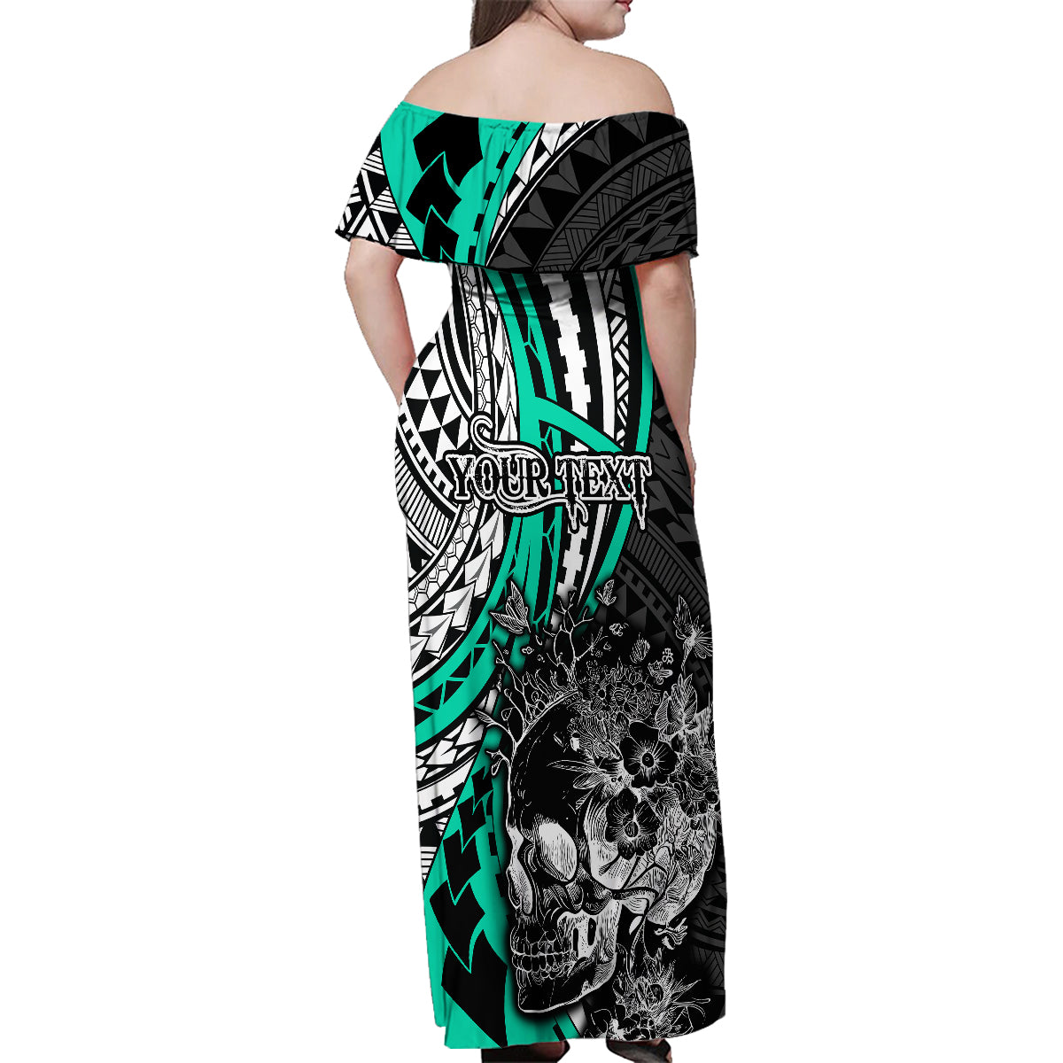 Personalised Polynesia Skull Family Matching Off Shoulder Maxi Dress and Hawaiian Shirt Tattoo In The Style Of Maori With Marine Life Aqua LT9 - Polynesian Pride