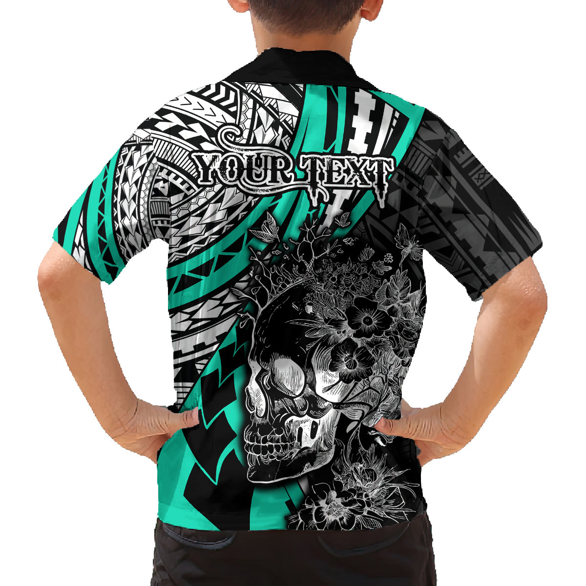 Personalised Polynesia Skull Family Matching Off Shoulder Short Dress and Hawaiian Shirt Tattoo In The Style Of Maori With Marine Life Aqua LT9 - Polynesian Pride
