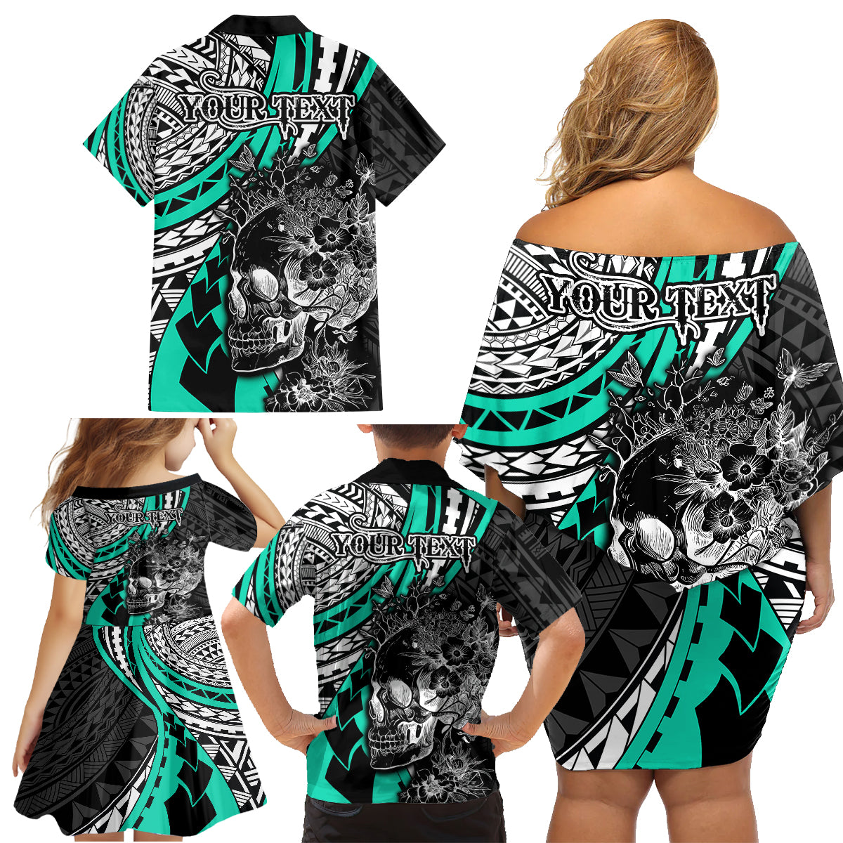 Personalised Polynesia Skull Family Matching Off Shoulder Short Dress and Hawaiian Shirt Tattoo In The Style Of Maori With Marine Life Aqua LT9 - Polynesian Pride
