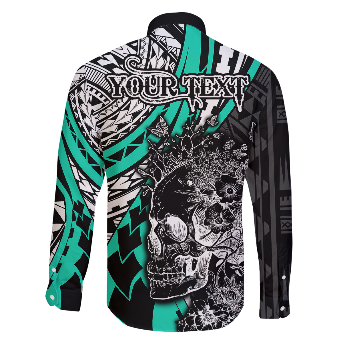 Personalised Polynesia Skull Family Matching Off Shoulder Short Dress and Hawaiian Shirt Tattoo In The Style Of Maori With Marine Life Aqua LT9 - Polynesian Pride