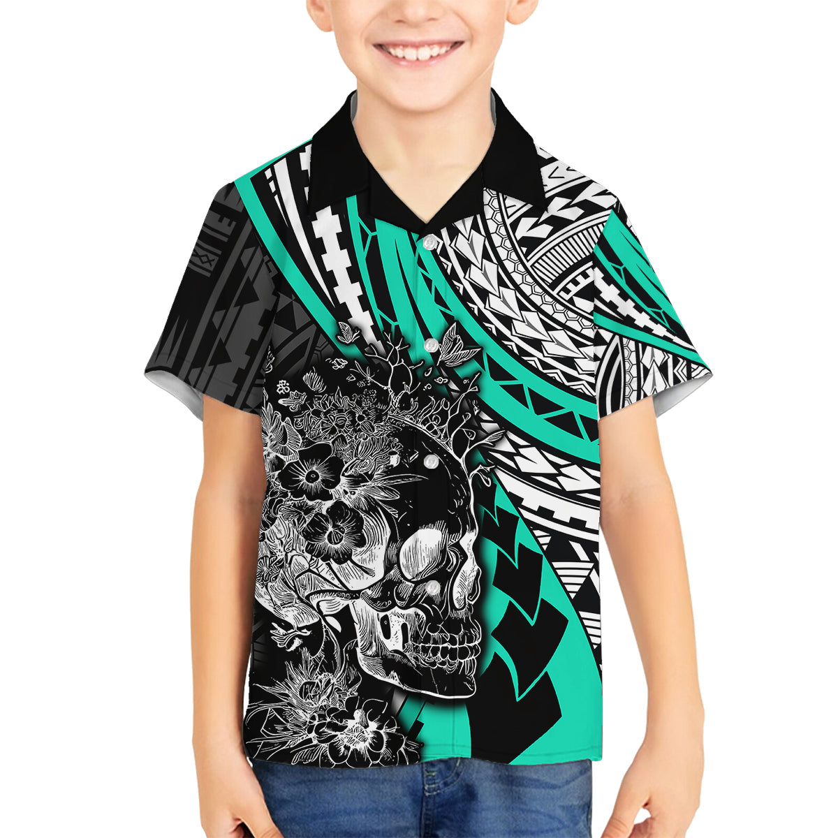 Personalised Polynesia Skull Family Matching Off Shoulder Short Dress and Hawaiian Shirt Tattoo In The Style Of Maori With Marine Life Aqua LT9 Son's Shirt Aqua - Polynesian Pride