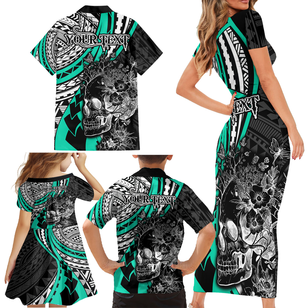 Personalised Polynesia Skull Family Matching Short Sleeve Bodycon Dress and Hawaiian Shirt Tattoo In The Style Of Maori With Marine Life Aqua LT9 - Polynesian Pride