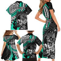 Personalised Polynesia Skull Family Matching Short Sleeve Bodycon Dress and Hawaiian Shirt Tattoo In The Style Of Maori With Marine Life Aqua LT9 - Polynesian Pride
