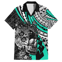 Personalised Polynesia Skull Family Matching Short Sleeve Bodycon Dress and Hawaiian Shirt Tattoo In The Style Of Maori With Marine Life Aqua LT9 Dad's Shirt - Short Sleeve Aqua - Polynesian Pride