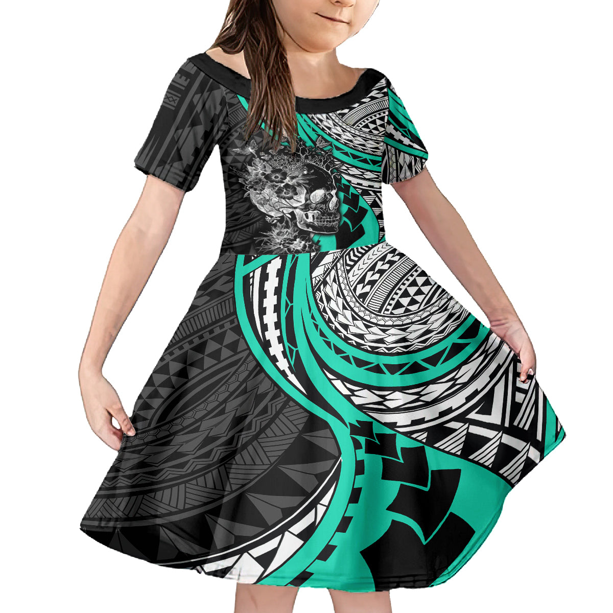 Personalised Polynesia Skull Family Matching Summer Maxi Dress and Hawaiian Shirt Tattoo In The Style Of Maori With Marine Life Aqua LT9 Daughter's Dress Aqua - Polynesian Pride