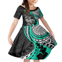 Personalised Polynesia Skull Family Matching Summer Maxi Dress and Hawaiian Shirt Tattoo In The Style Of Maori With Marine Life Aqua LT9 Daughter's Dress Aqua - Polynesian Pride