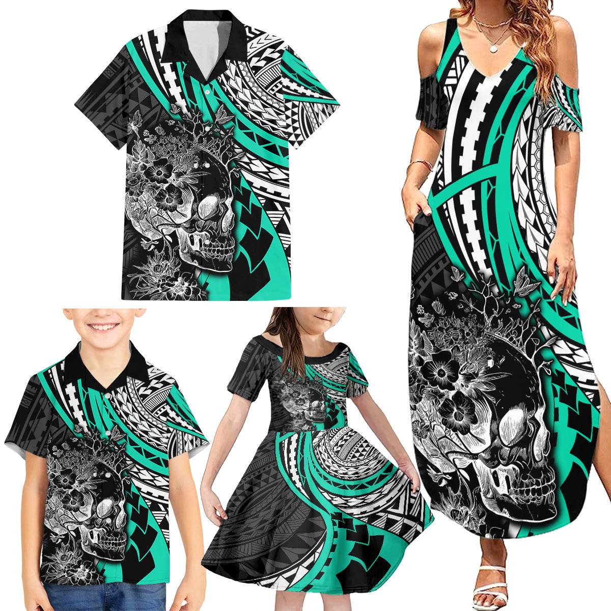 Personalised Polynesia Skull Family Matching Summer Maxi Dress and Hawaiian Shirt Tattoo In The Style Of Maori With Marine Life Aqua LT9 - Polynesian Pride