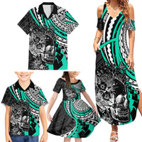 Personalised Polynesia Skull Family Matching Summer Maxi Dress and Hawaiian Shirt Tattoo In The Style Of Maori With Marine Life Aqua LT9 - Polynesian Pride