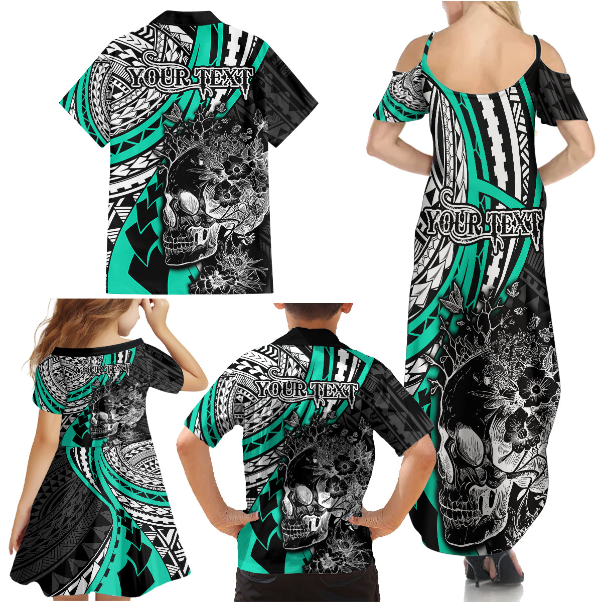 Personalised Polynesia Skull Family Matching Summer Maxi Dress and Hawaiian Shirt Tattoo In The Style Of Maori With Marine Life Aqua LT9 - Polynesian Pride