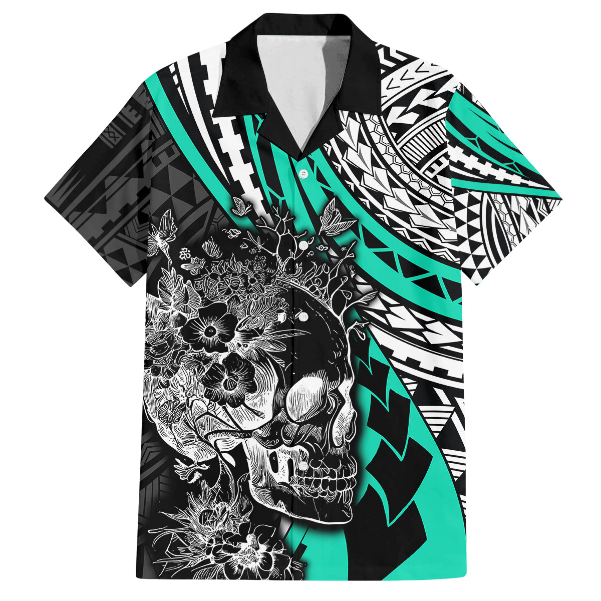 Personalised Polynesia Skull Family Matching Summer Maxi Dress and Hawaiian Shirt Tattoo In The Style Of Maori With Marine Life Aqua LT9 Dad's Shirt - Short Sleeve Aqua - Polynesian Pride