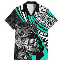 Personalised Polynesia Skull Family Matching Summer Maxi Dress and Hawaiian Shirt Tattoo In The Style Of Maori With Marine Life Aqua LT9 Dad's Shirt - Short Sleeve Aqua - Polynesian Pride