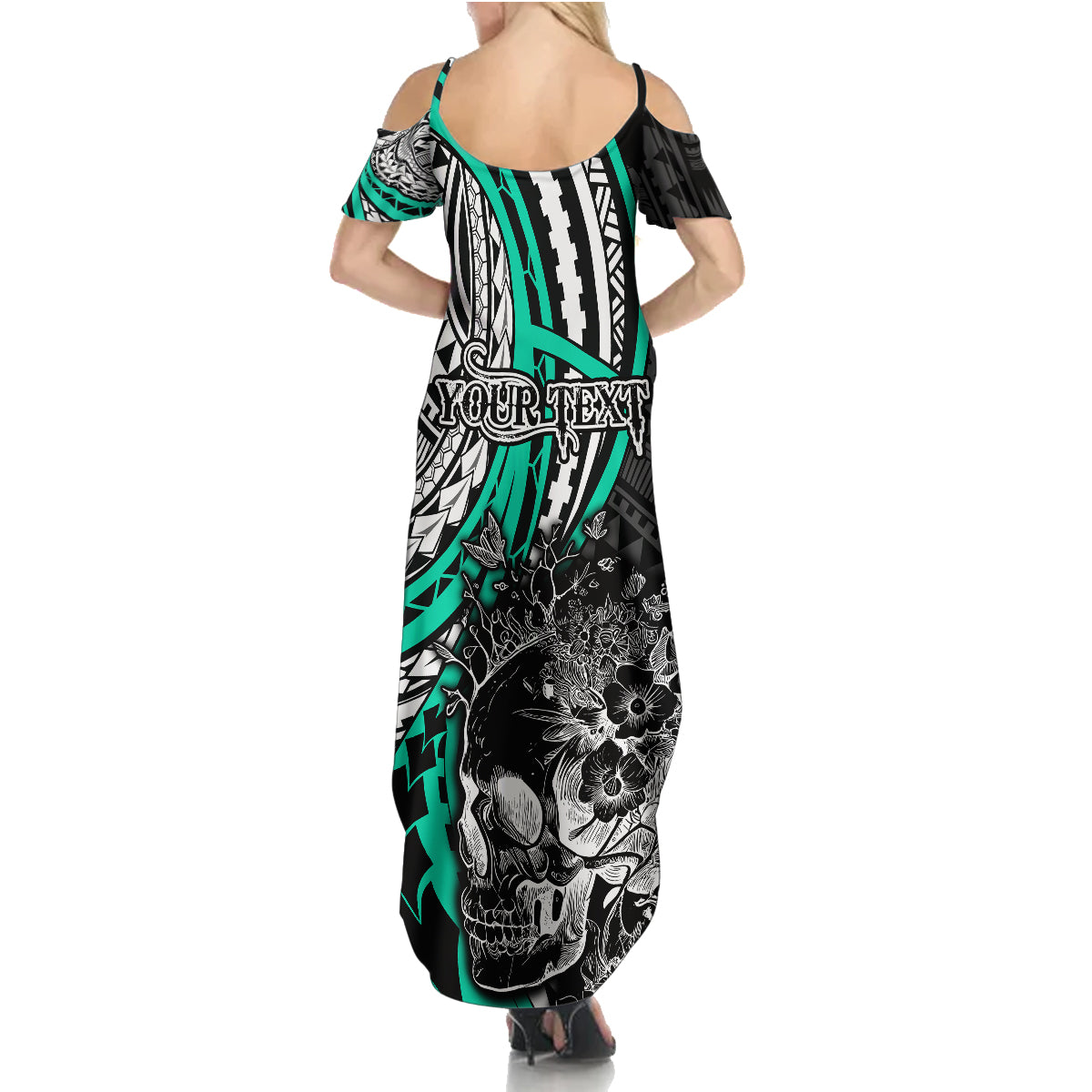 Personalised Polynesia Skull Family Matching Summer Maxi Dress and Hawaiian Shirt Tattoo In The Style Of Maori With Marine Life Aqua LT9 - Polynesian Pride