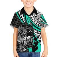 Personalised Polynesia Skull Family Matching Summer Maxi Dress and Hawaiian Shirt Tattoo In The Style Of Maori With Marine Life Aqua LT9 Son's Shirt Aqua - Polynesian Pride