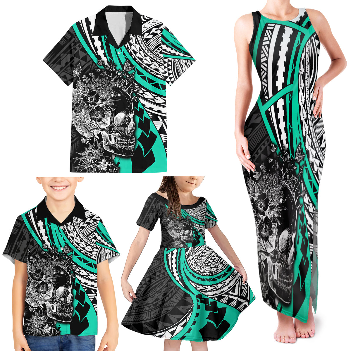 Personalised Polynesia Skull Family Matching Tank Maxi Dress and Hawaiian Shirt Tattoo In The Style Of Maori With Marine Life Aqua LT9 - Polynesian Pride